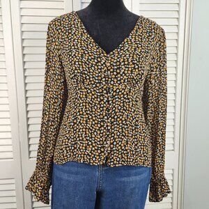 🔥 Bila‑77 Black Orange Floral Peasant Top size M Boho Button Front Lined